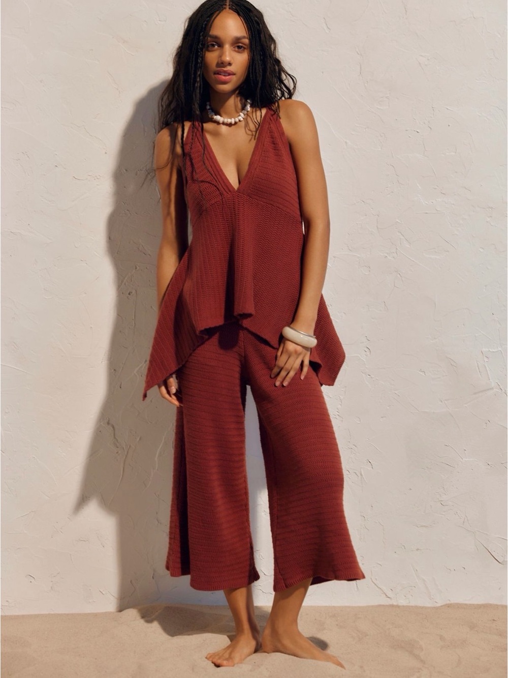 Free People Wide-Leg Knit Jumpsuit in Rust